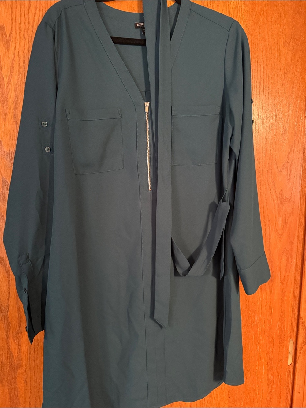 Express Teal Zip-Front Trench with Self-Tie Belt